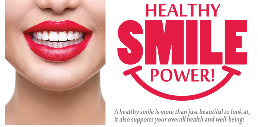 The image is a promotional graphic for 'Smile Power,' which appears to be a health and wellness service, featuring a smiling woman with red lips and the text emphasizing its focus on healthy smiles.